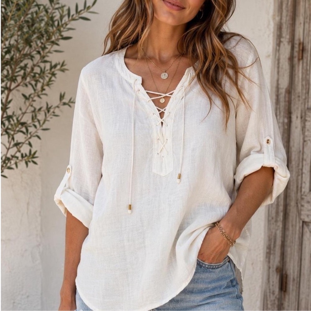 Maeve Anthropologie Linen Lace Up
Tunic Coastal Boho Beach White Top Blouse 2